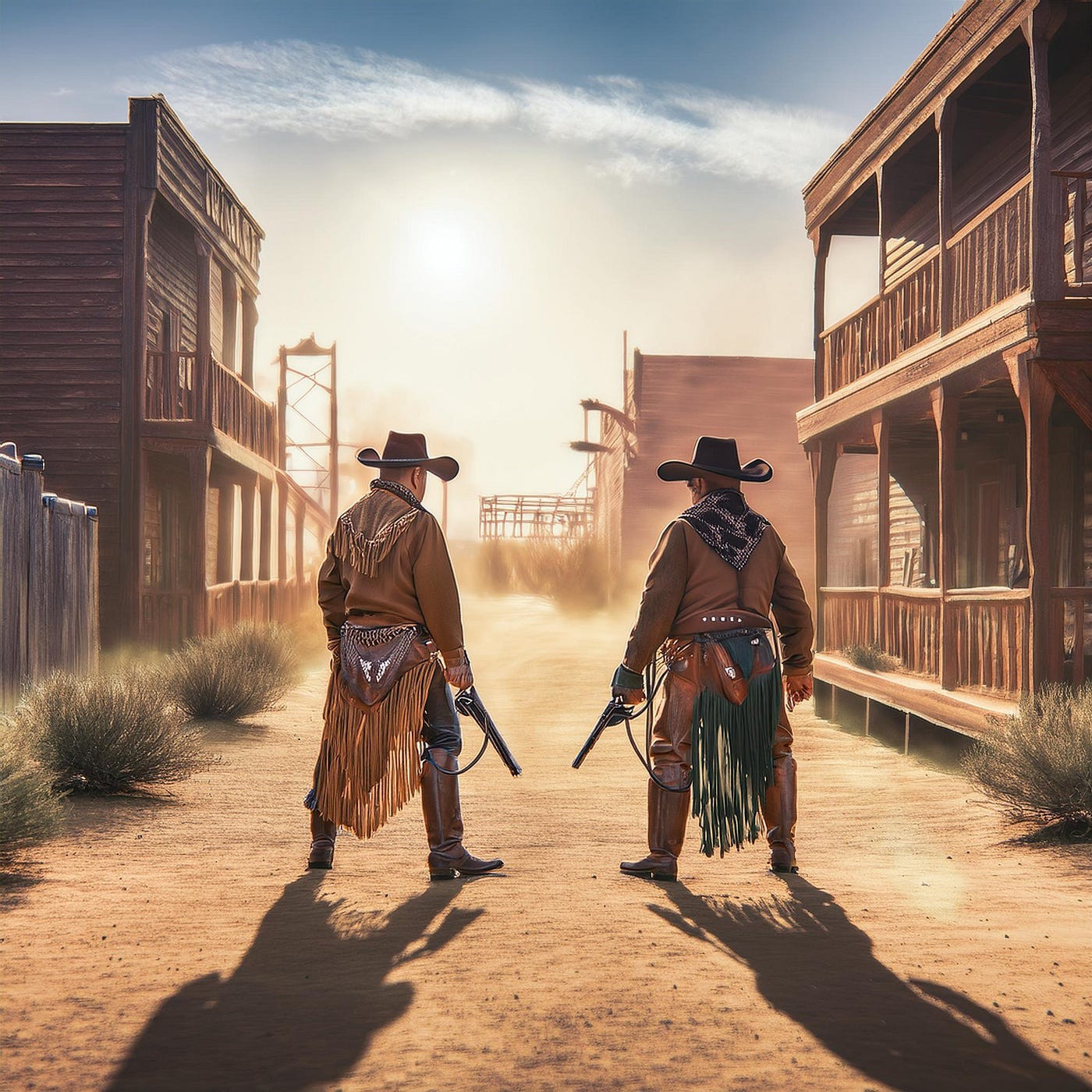 Two cowboys face each other for a showdown on a dusty western town street.