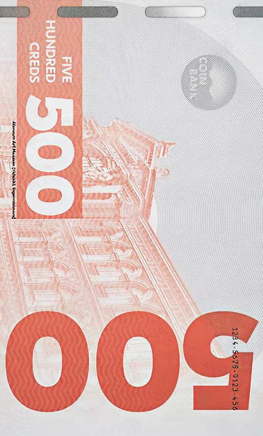 Back of the 500 credit banknote in coral with a large 500 numeral