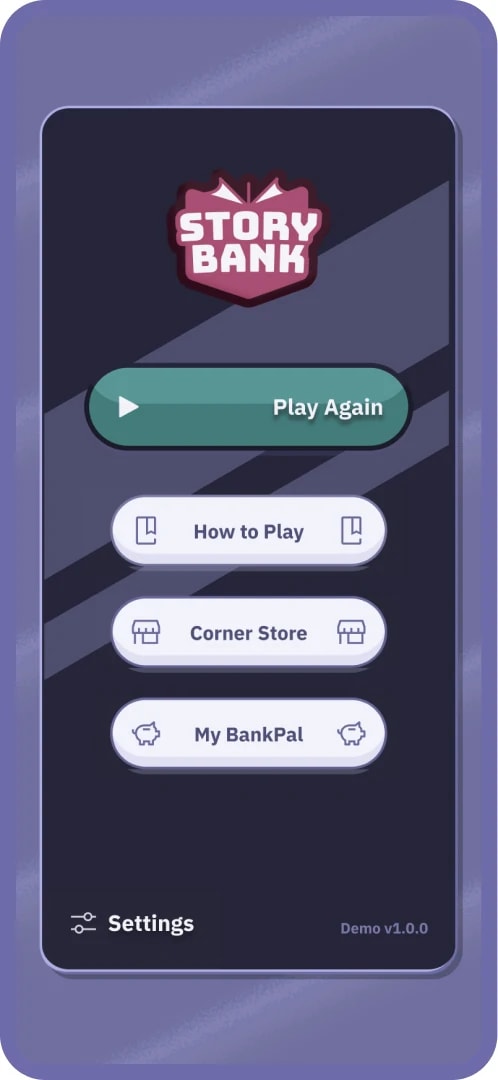 Storybank start screen with Play Again, How to Play, Corner Store and My BankPal buttons