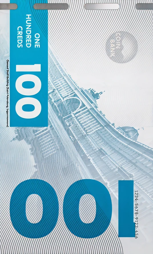 Back of the 100 credit banknote in blue with a large 100 numeral
