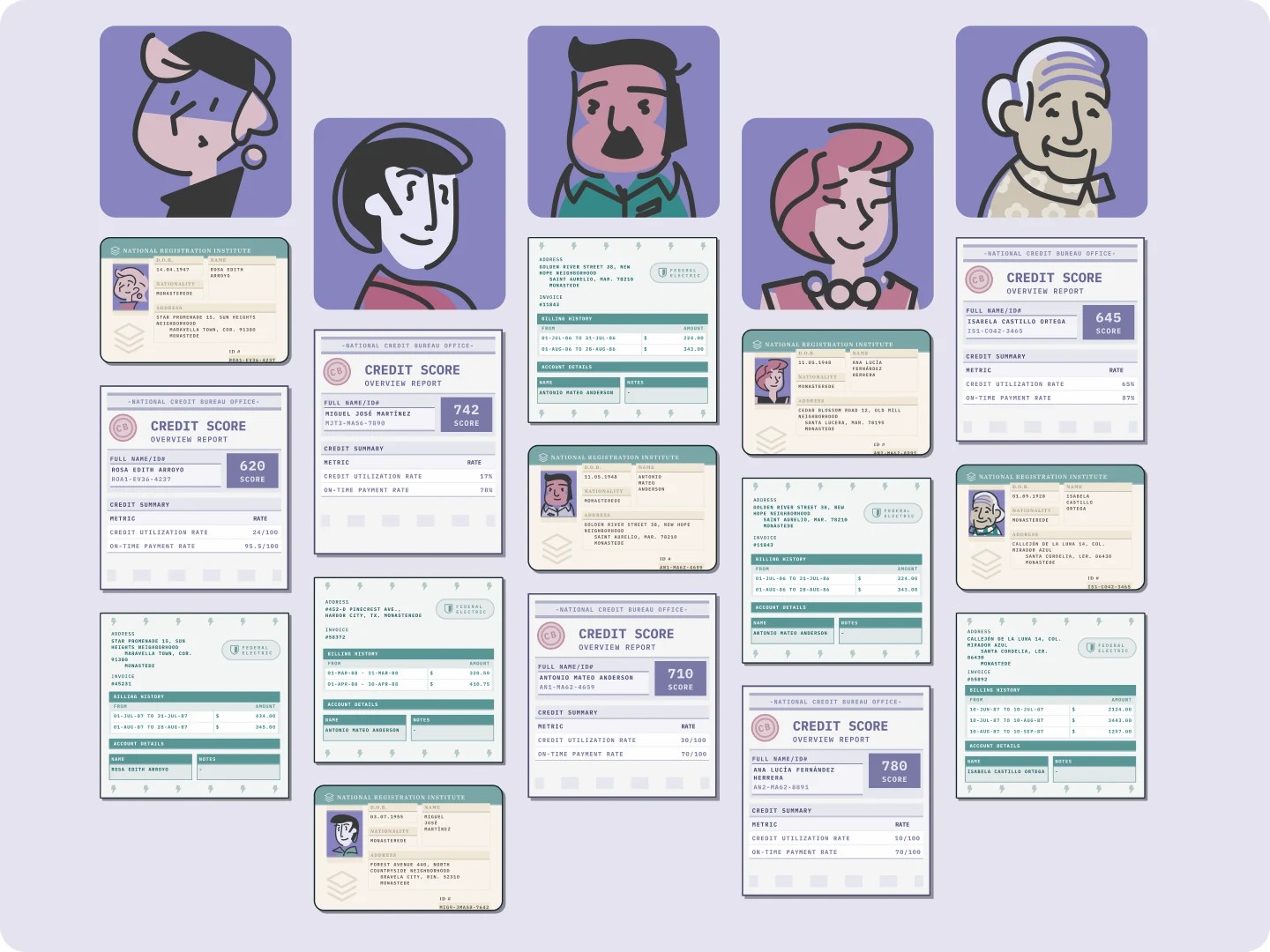 Five illustrated applicants, each with their ID card, credit bureau report and electric bill