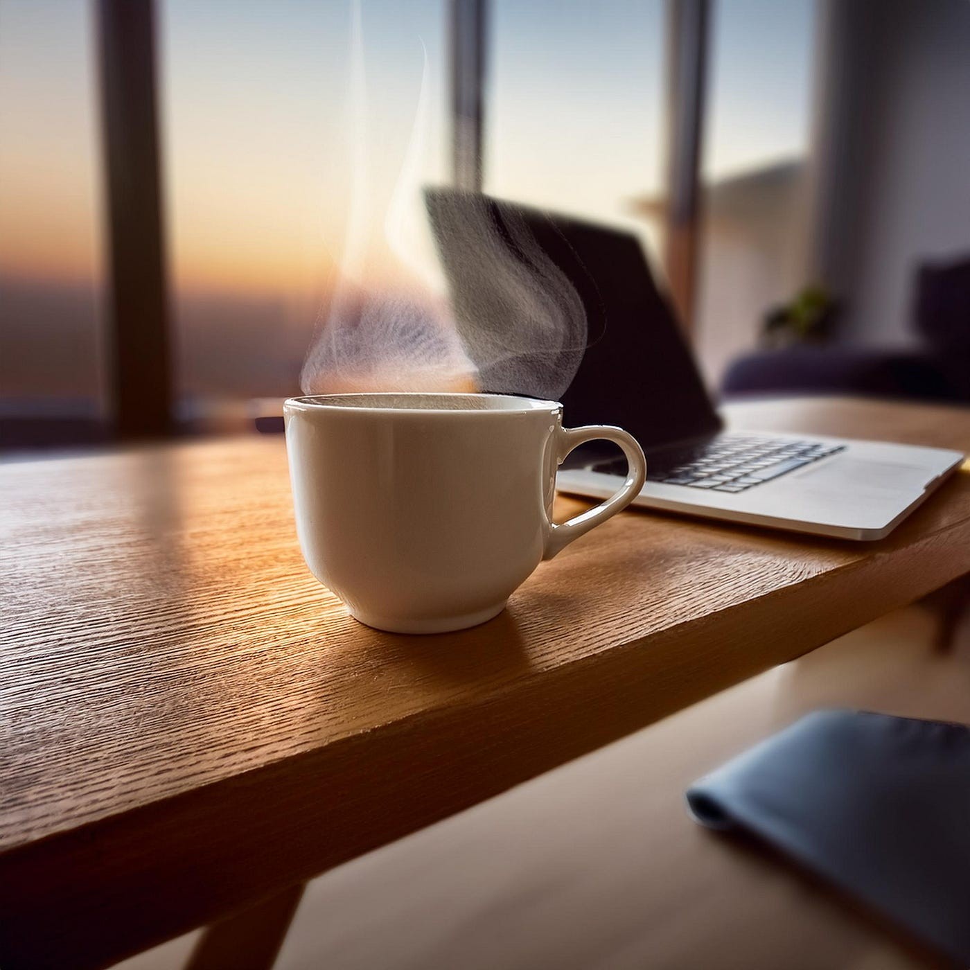 A steaming cup of coffee next to an open laptop on a wooden table at sunset.