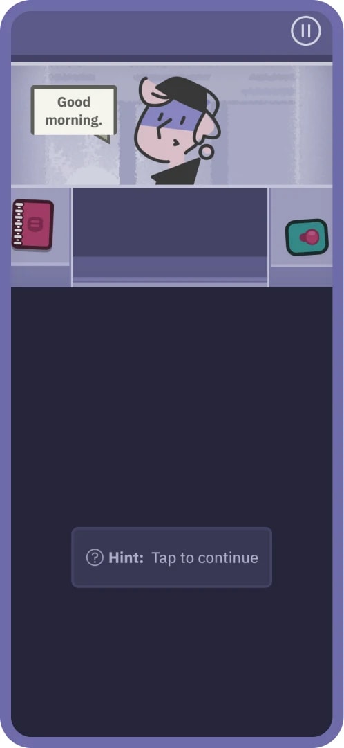 Game screen with the bank clerk saying “Good morning” at the counter and a hint to tap to continue