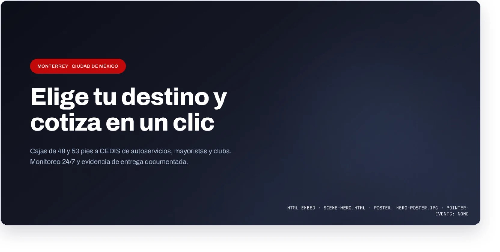NEK Logistics homepage hero reading “Elige tu destino y cotiza en un clic”, with the Monterrey and Ciudad de México origins