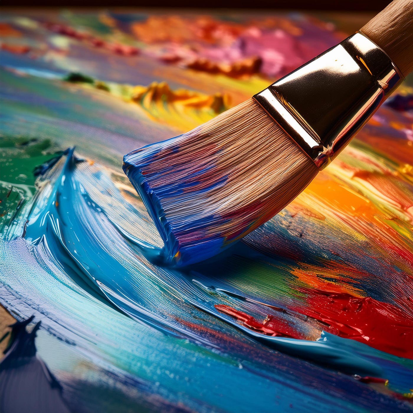 Close-up of a paintbrush spreading thick, colorful oil paint.