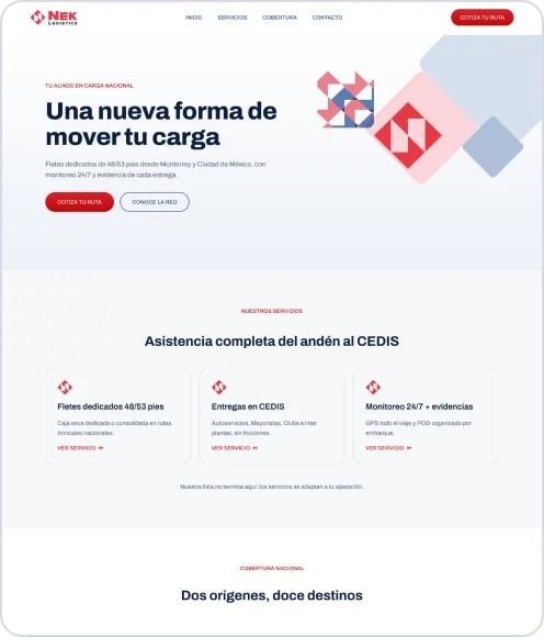Direction D homepage: “Una nueva forma de mover tu carga” with stacked diamond shapes and service cards