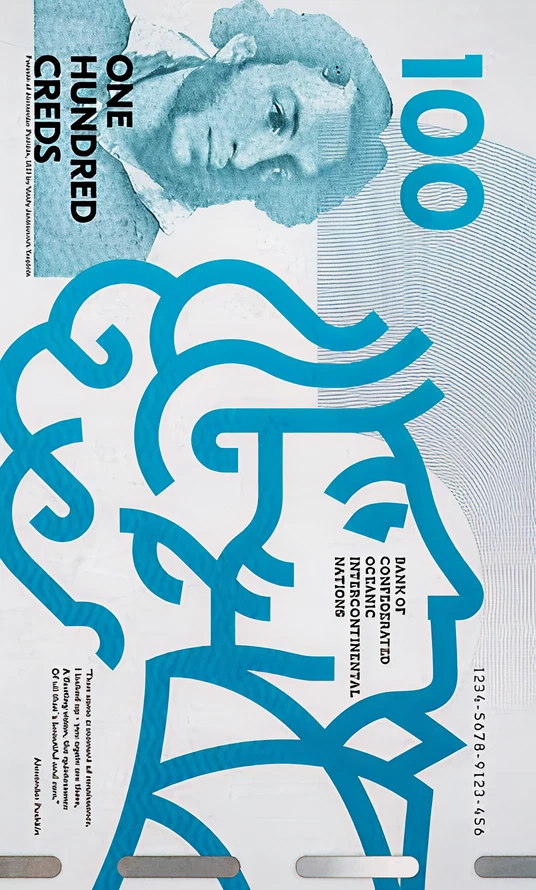 Front of the 100 credit banknote in blue with a portrait and wave pattern