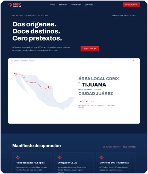 Direction C homepage on dark navy: “Dos orígenes. Doce destinos. Cero pretextos.” with the route map
