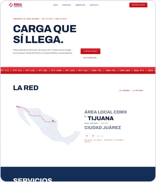 Direction B homepage: bold headline “Carga que sí llega” over a red route ticker and the route map
