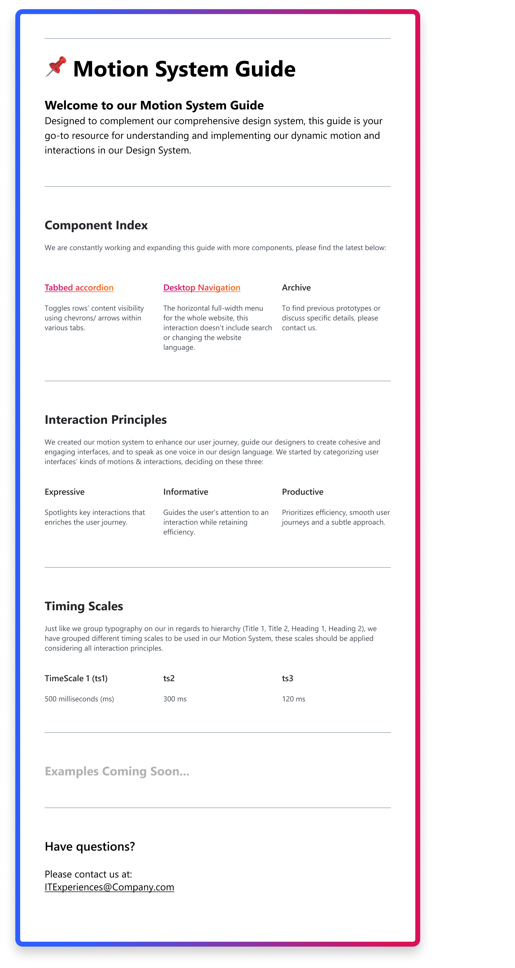 Motion system guide page with component, interaction and timing sections