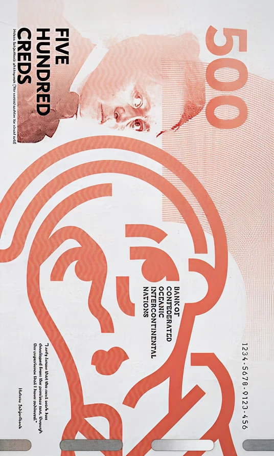Front of the 500 credit banknote in coral with a portrait and wave pattern