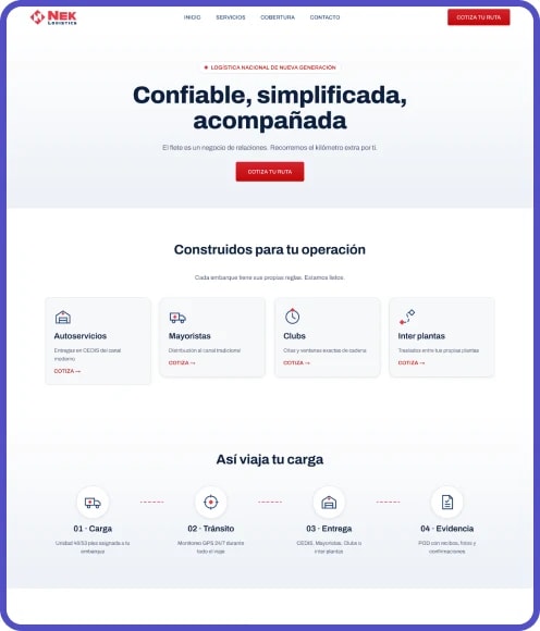 Direction E homepage: “Confiable, simplificada, acompañada” with customer types and a four-step shipment timeline