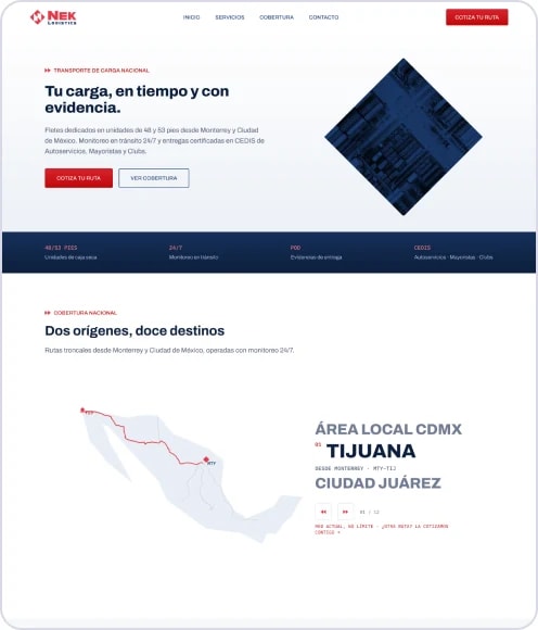 Direction A homepage: headline “Tu carga, en tiempo y con evidencia” with a diamond pattern and the route map