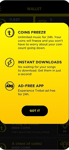 Music app screen promoting coin freeze, instant downloads and ad-free listening