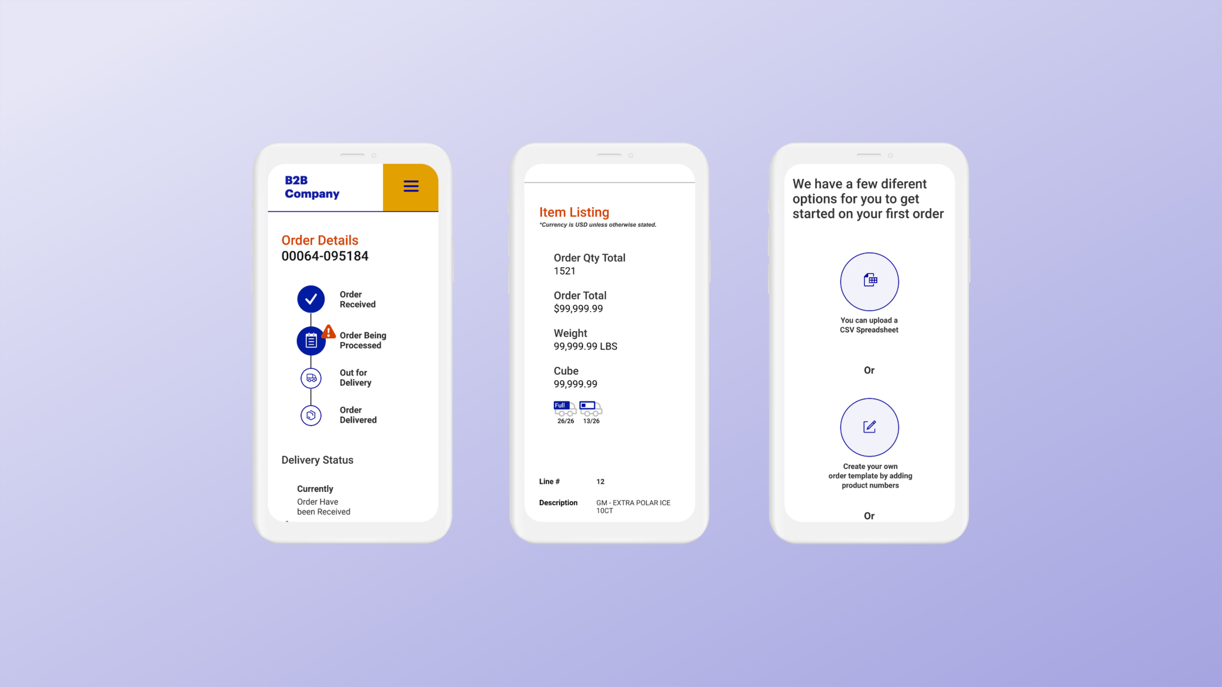 Three phone screens from the B2B ordering portal: order details with a delivery tracker, an item listing with order totals, and options to start a first order.