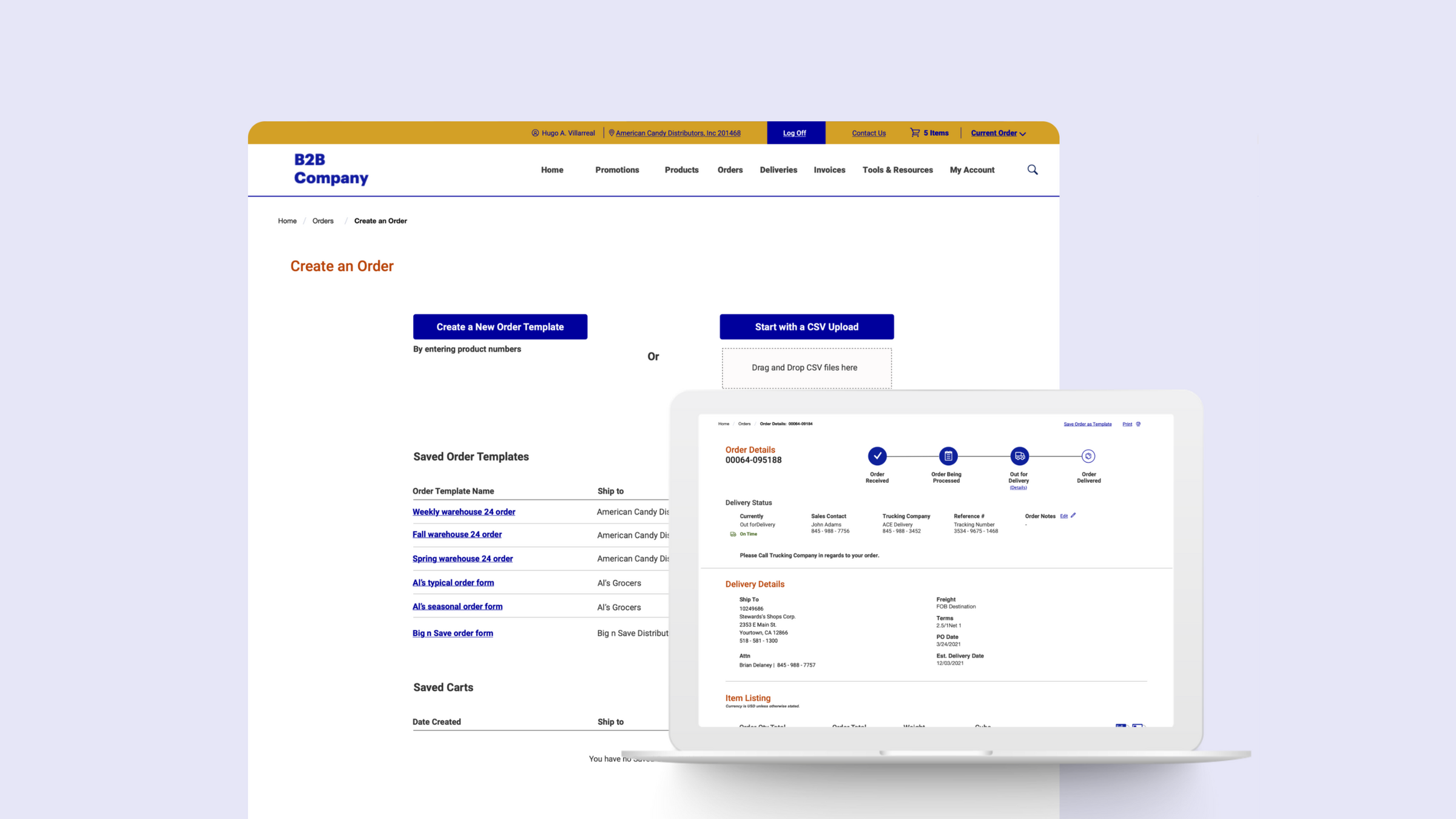 Desktop and laptop screens of the B2B ordering portal: a Create an Order page with saved order templates and CSV upload, and an order details page.