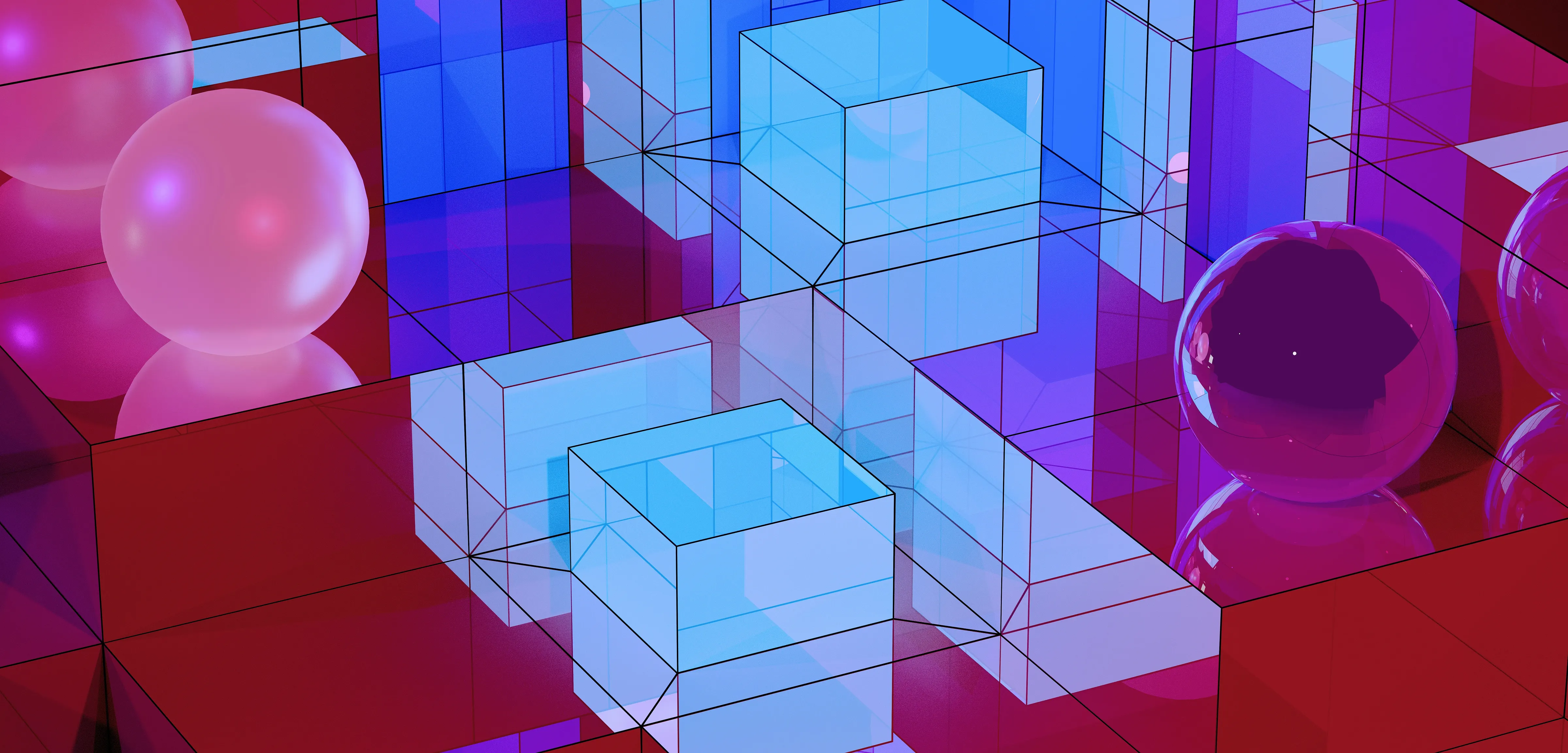 Abstract 3D render featuring translucent cyan and blue glass cubes of varying sizes arranged in a stepped composition at the center. The floor and background consist of a deep red reflective surface with a black geometric grid. Two matte pink spheres appear on the left, and two glossy violet spheres on the right. The overall lighting shifts from cool blue at the center to warm pink and purple at the edges.